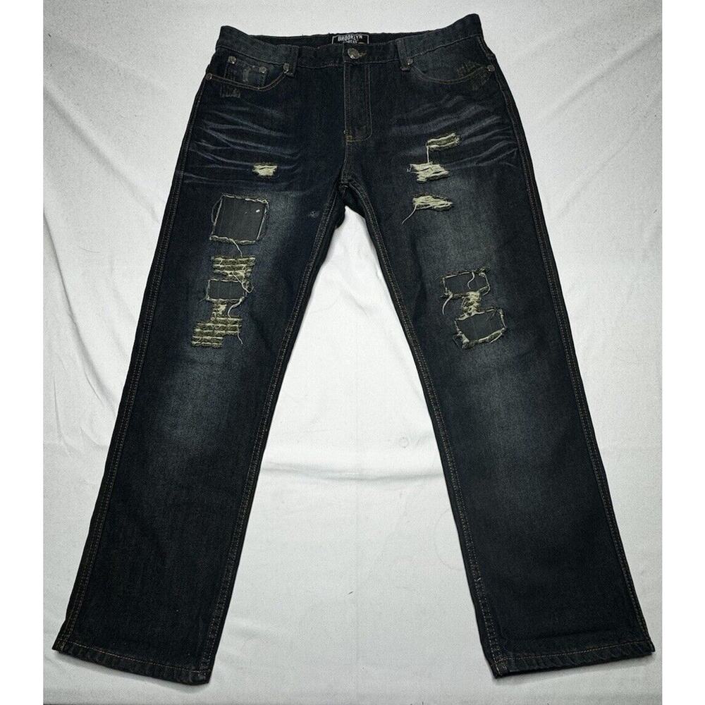 Brooklyn Xpress Men's Dark Wash Distressed‎ Wide Leg Blue Jeans - Size 36x29*